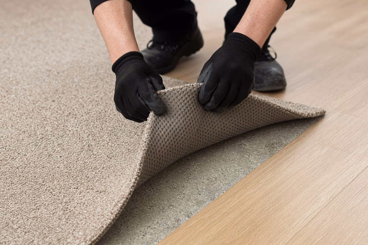 Technician lifting a carpet corner to check the pad — Pet Stain/Odor Removal in Treasure Valley
